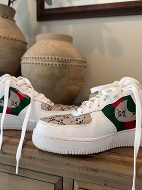 Custom Hand Painted Nike Air Force 1 Sneakers with Green & Red Gucci